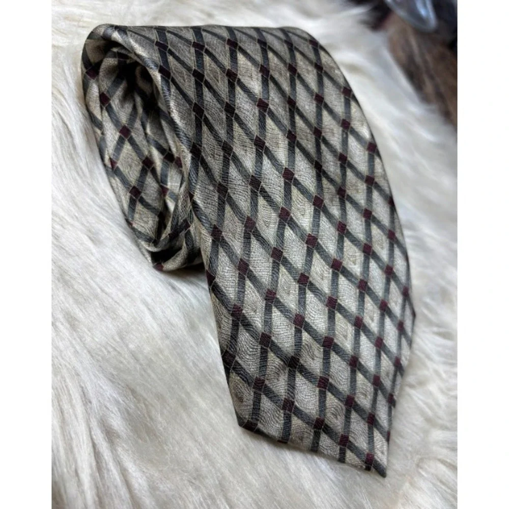 Bocara Silk Tie Mens Gray Red Gold Geometric Satin Necktie Classic Handmade